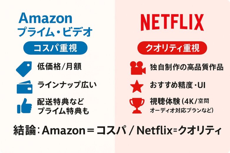 結論：Amazonプライムビデオならコスパ重視、Netflixならクオリティ重視