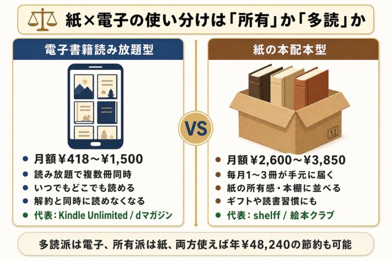 紙の本サブスクと電子書籍読み放題の使い分け図解